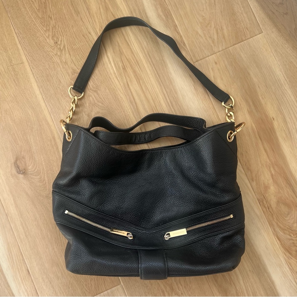 Michael Kors Black Leather Shoulder Hobo with Gold Hardware Bag Purse